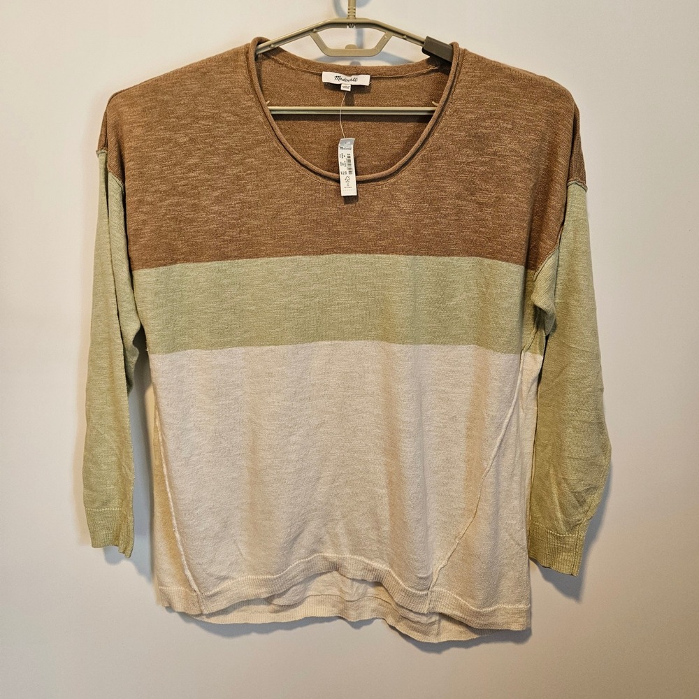 Madewell Sweater Medium Roll Neck Linen Cotton Fall Brown Green Cream  Office